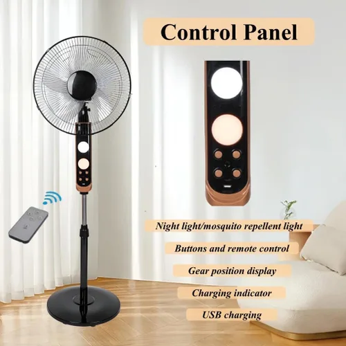Vista 4 de Ventilador de pie oscilante solar de 16 pulgadas, ventilador móvil recargable con panel solar, ventiladores de piso de control remoto, dos métodos