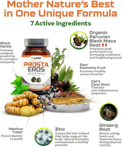 Vista 3 de ProstaEros- Suplemento de apoyo para la próstata - 7 ingredientes naturales- Maca negra, palma enana americana, mashua, garra de gato, jengibre