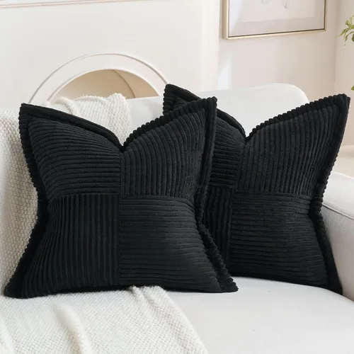 Vista 13 de HAUSSY Paquete de 2 fundas de almohada de 16 x 16 pulgadas, fundas decorativas de pana suave, estilo bohemio, a rayas, sólidas, decoración