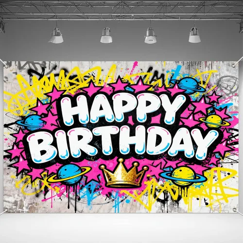 Vista 7 de IVN Pancarta de decoración de cumpleaños, graffiti, tema de galaxia, telón de fondo de 71 x 43 pulgadas con letras de burbujas blancas, estrellas
