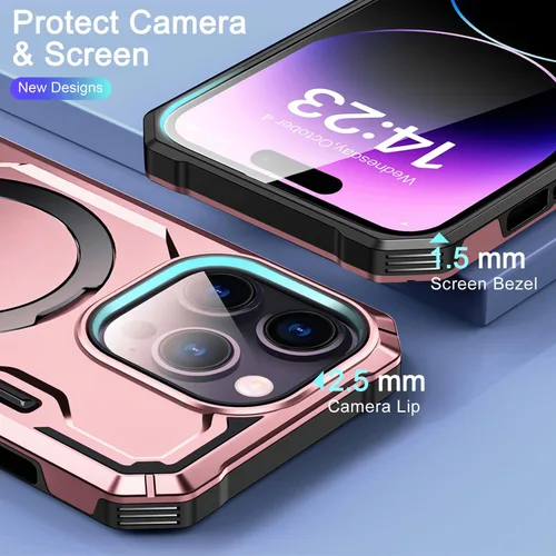 Vista 4 de Funda para iPhone 14 Pro, compatible con MagSafe, soporte invisible integrado y soporte de anillo, grado MIL, doble capa a prueba de golpes, funda