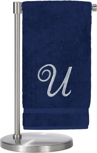 Vista 24 de Script R - Toalla de baño con monograma, regalo personalizado, 27 x 54 pulgadas, juego de 1 toalla bordada con texto dorado, 100% algodón turco Navy