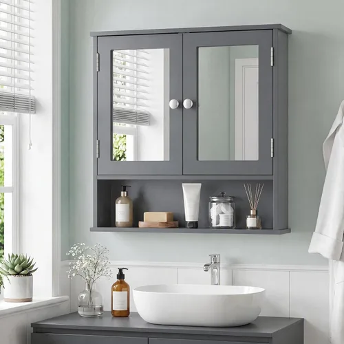 Vista 10 de GLACER - Armario de pared de baño moderno con espejo y estante ajustable Negro