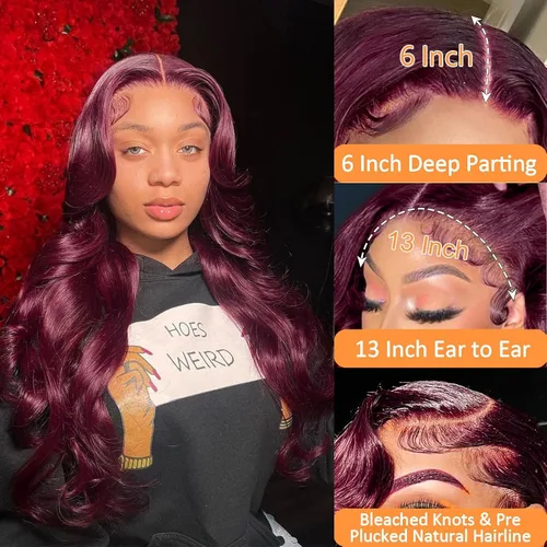 Vista 3 de Pelucas de encaje frontal 99j burdeo onduladas con cabello humano pre-arrancadas 13x6 para mujeres negras, onda corporal, sin pegamento, nudos 99j