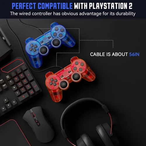 Vista 5 de Doueuain Wired Controller for PS2, 2 Pack Gamepad Remote Double Shock Compatible with Play station 2, with 1.8M CableClear Red and Clear Blue