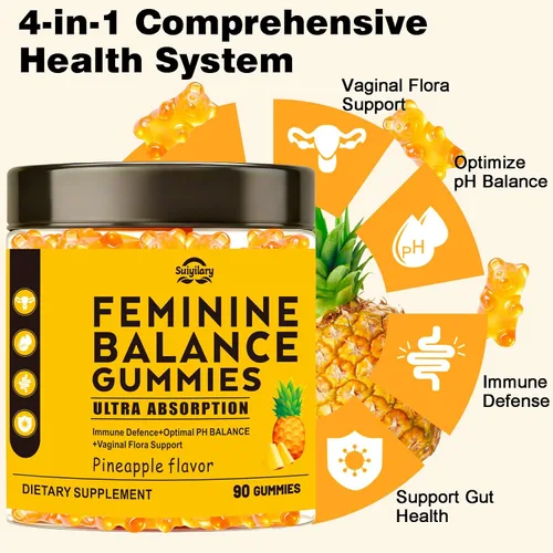 Vista 4 de Suiyilary Gomitas de probióticos femeninos para mujer, gomitas de piña para equilibrio de pH, salud vaginal premium, apoyo inmunológico, vegano, sin