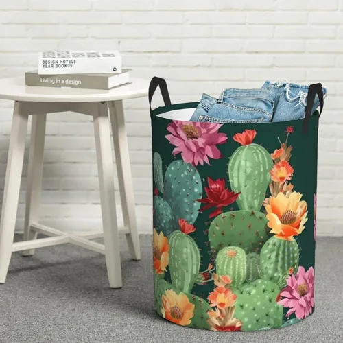 Vista 8 de Cesto circular con estampado floral de cactus, impermeable, cesta organizadora de lavandería, con asas, para ropa, juguetes, pequeña