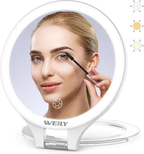 Vista 9 de WEILY Espejo de maquillaje con aumento 10X/1X, espejo de viaje con luz rosado (451-pink)