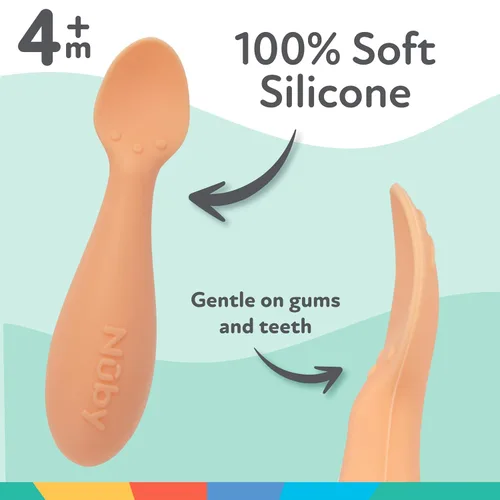 Vista 3 de Nuby Mini cucharas de silicona – (paquete de 2) cucharas de destete para bebés – 4+ meses – naranja