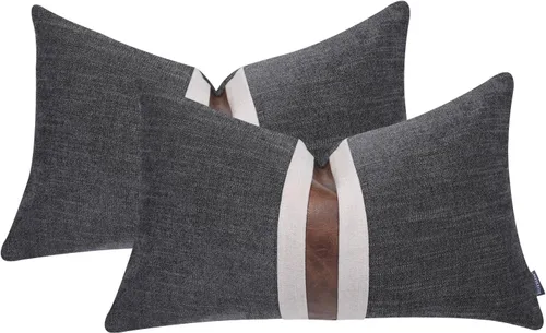 Vista 16 de Juego de 2 fundas de almohadas decorativas de cuero, decoración de exteriores, lino con parches, almohadas de cuero sintético marrón, funda