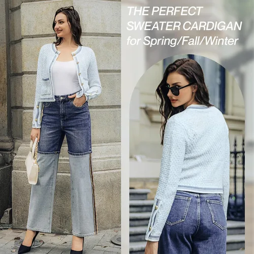 Vista 4 de URBAN REVIVO Women's Casual Cardigans Open Front Cardigan Pearl Button Slim Fit Vintage Long Sleeved Cropped Sweater Outwear