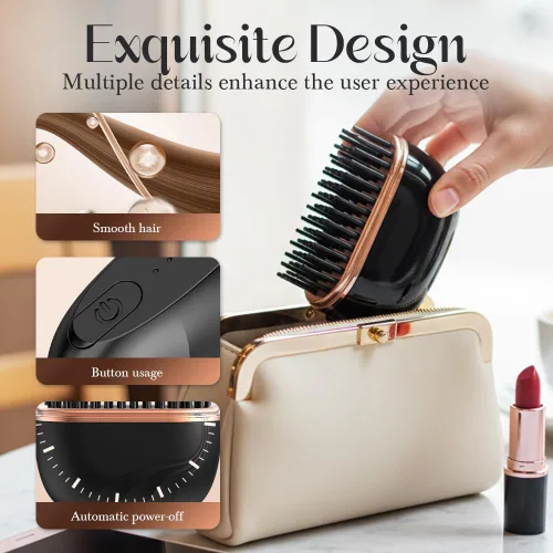 Vista 7 de Mini alisador de pelo, peine caliente recargable inalámbrico 2 en 1, alisador de pelo portátil para viajes con calentamiento rápido y diseño Negro