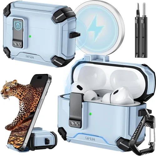 Vista 13 de Inesore Funda para AirPods Pro 1ª/2ª con bloqueo seguro (verde oscuro) Cubierta magnética de bloqueo automático con soporte para teléfono y kit