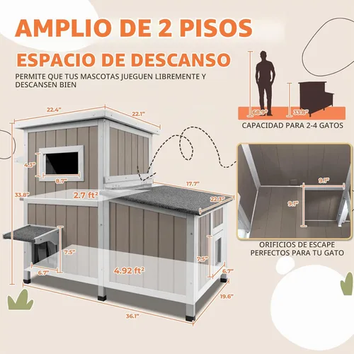 Vista 2 de Gowoodhut Casa para Gatos de Exterior de 36.1" de Largo, Refugio de Madera para Gatos de Exterior de 2 Pisos con 3 Puertas de Escape, Casa de Madera