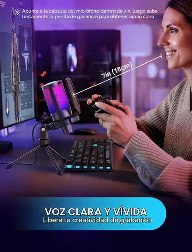 Vista 8 de FIFINE AmpliGame - Micrófono USB A6V para juegos, condensador RGB para Negro
