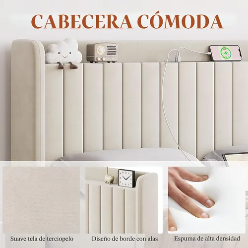 Vista 5 de Yaheetech Base de cama tamaño Queen con estación de carga USB y estante de almacenamiento/plataforma de cabecera tapizada con lado de ala/soporte