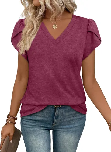 Vista 20 de WIHOLL Camisetas casuales de verano con cuello en V para mujer Negro