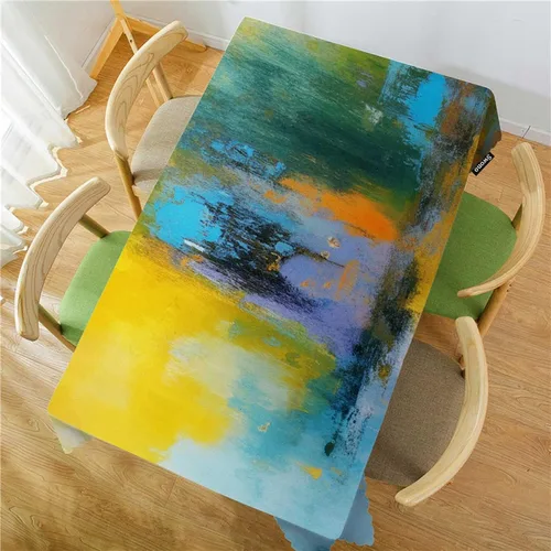 Vista 2 de Swono Mantel rectangular de pintura abstracta, diseño de bola de sol, color amarillo, turquesa, mantel de pícnic, mantel de poliéster para cocina