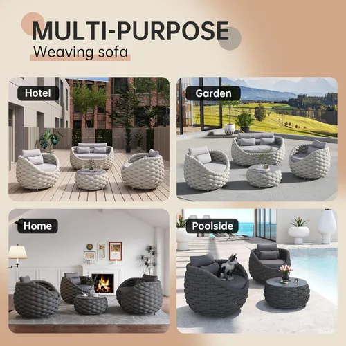 Vista 8 de Juego de 4 piezas de sofá de aluminio para exteriores e interiores, juego de muebles de patio moderno con cojín suave y mesa auxiliar para balcón