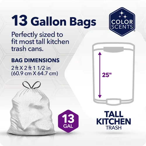 Vista 2 de Color Scents Bolsas de basura altas para cocina, 13 galones, 100 bolsas (1 paquete de 100 unidades), cordón - Bolsa blanca en lavanda + aroma a