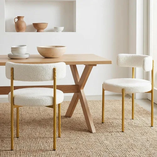 Vista 26 de Juego de 2 sillas de comedor Boucle, sillas de comedor beige con asiento tapizado y respaldo redondo, sillas de cocina modernas de mediados de siglo