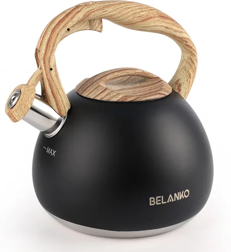 Vista 11 de BELANKO Hervidor de té de 2.7 cuartos de galón para estufas, tetera de acero inoxidable de grado alimenticio con silbato fuerte, mango de madera