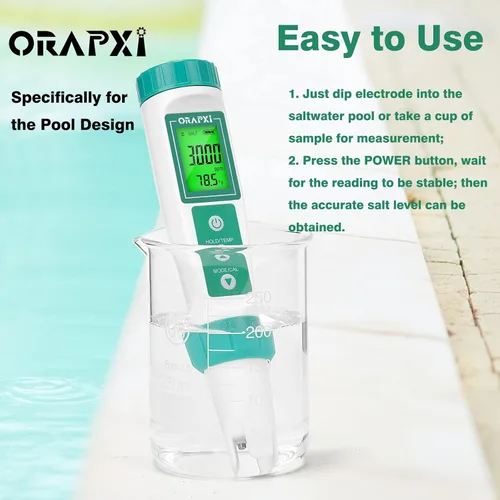 Vista 5 de Probador de agua salada para piscina profesional Medidor de salinidad para piscina y spa de cloruro de sodio Rango 0-9000ppm