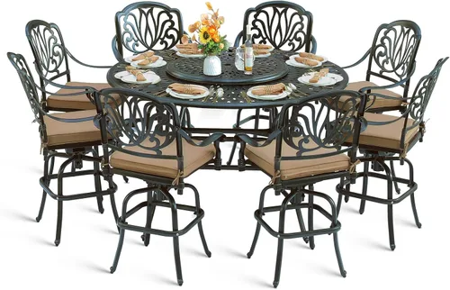 Vista 13 de Juego de barra para exteriores de 10 piezas, muebles de bar de aluminio fundido para todo tipo de clima con 8 taburetes de bar giratorios Bronce