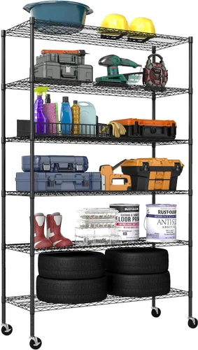 Vista 11 de FDW Estante de metal ajustable de 5 niveles con ruedas, capacidad de 250 libras, fácil montaje, ideal para espacios pequeños Negro