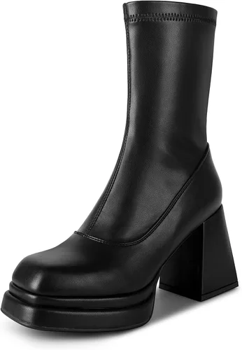 Vista 2 de WETKISS Botas de plataforma para mujer, con plataforma atrevida, tacón grueso, punta cuadrada y zíper lateral