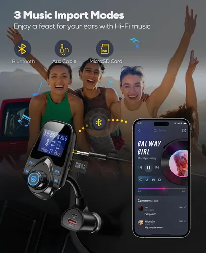 Vista 6 de Nulaxy [Versión actualizada KM18 2026] Adaptador de coche Bluetooth 5.4 de 48 W con puertos de carga rápida [PD 30 W y QC3.0 18 W], compatible
