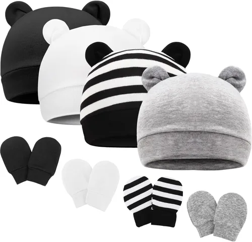 Vista 24 de Conjunto de gorro y mitones para recién nacidos con orejas de oso, gorro para bebé, gorro de hospital para bebé niño o niña, de 0 a 3 meses 4