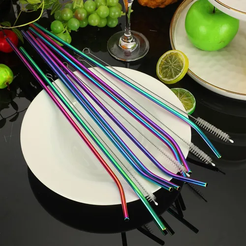 Vista 4 de Geiserailie 8 pajitas de acero inoxidable reutilizables de 14 pulgadas para vasos de 100 onzas, extra con 4 cepillos de limpieza (arcoíris)