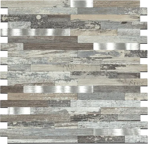 Vista 16 de Midcard Azulejos adhesivos para salpicaduras de 10 hojas, azulejos para cocina, baño, lavandería, cámper, chimenea. 20Trapezoidal Negro Gris Madera