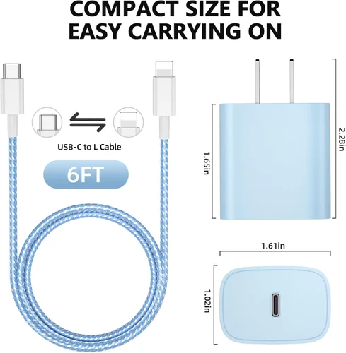 Vista 8 de Cargador de teléfono de carga rápida, paquete de 4 bloques de cargador de pared USB C de 20 W con cable Cable de carga tipo C de 6 pies compatible