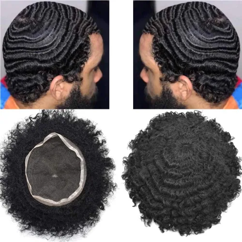 Vista 11 de Afro Toupee para hombres negros, unidad de cabello humano brasileño de encaje francés para hombres afroamericanos africanos y negros, sistema
