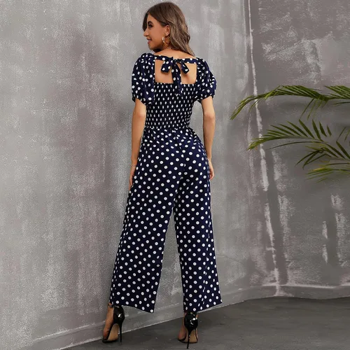 Vista 5 de Love Welove Fashion - Enterizo de manga corta con estampado floral para mujer, cintura alta, pantalones de pierna ancha, casual, holgado