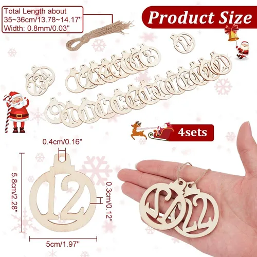 Vista 2 de NBEADS 96 piezas de números de madera para Navidad, 1-24 calendario de Adviento de cuenta regresiva de Navidad, colgantes de números de madera