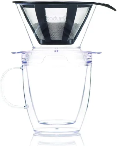 Vista 2 de Bodum Juego de gotero de café de 12 onzas con taza de doble pared y filtro permanente reutilizable, plástico, sin BPA, transparente