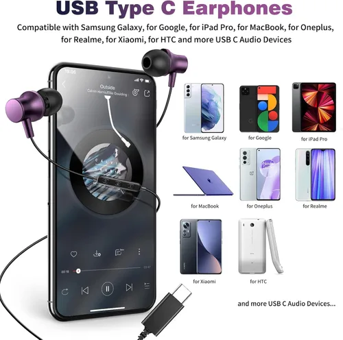 Vista 2 de COOYA - Auriculares USB C, auriculares con cable para iPhone 17, 16, 15 Pro Max, color morado Magnetic Bass Noise Canceling Type C In-Ear Púrpura
