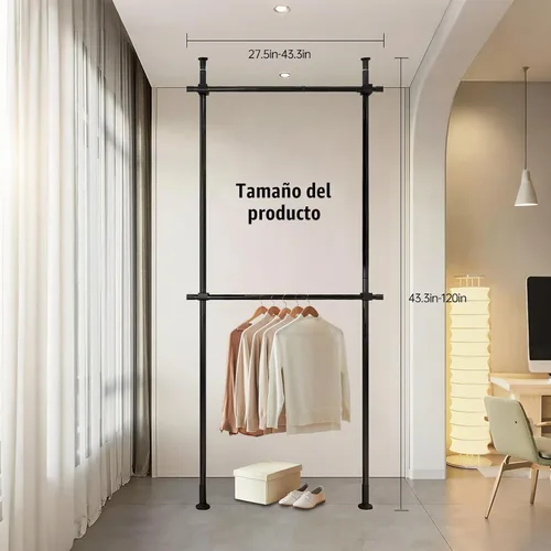 Vista 6 de Perchero de doble barra resistente, perchero ajustable de piso a techo, 2 barras transversales de 220 libras de capacidad cada una, acero al carbono
