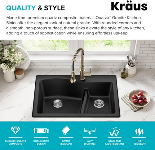 Vista 2 de Kraus Quarza - Fregadero de cocina de doble seno 60/40 de granito de instalación empotrada/sobre encimera, 33 pulgadas, color negro, KGD-442BLACK