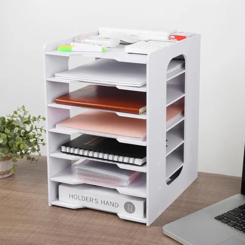 Vista 6 de Organizador de papel para escritorio, organizador de archivos de construcción de 7 niveles, clasificador de papel, soporte de almacenamiento