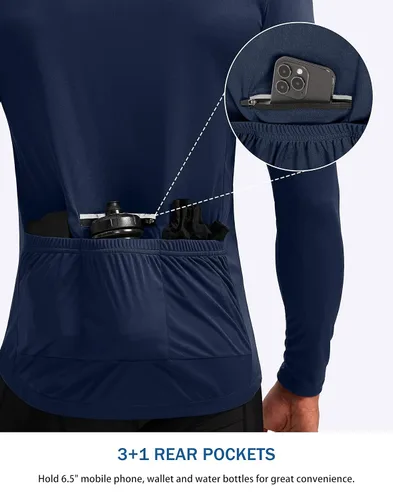 Vista 3 de Bikewa - Camiseta de ciclismo para hombre de manga larga con cremallera trasera 3+1, transpirable, UPF 50+, con media cremallera, para montar