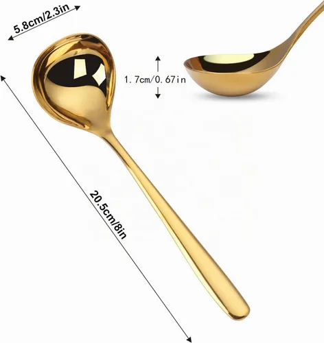 Vista 2 de Comicfs Paquete de 2 cucharones dorados para salsa, cucharón de sopa de acero inoxidable SUS 304, cucharón de sopa pequeño, cucharones de salsa