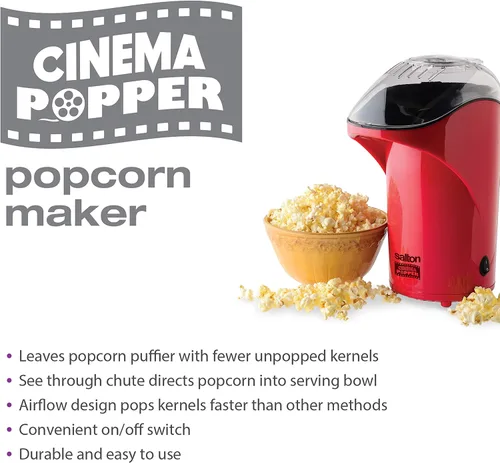Vista 6 de Salton Cinema Hot Air Popper Popcorn Maker - Palomitas de maíz bajas en calorías sin aceite con taza adicional para medir granos y derretir