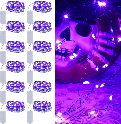 Vista 12 de WATERGLIDE Paquete de 12 luces de hadas que funcionan con pilas (incluidas), 20 miniluces LED de 7 pies, luces impermeables de alambre plateado
