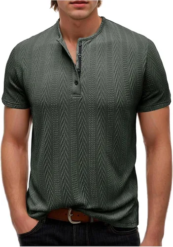 Vista 9 de Men's Knit Henley Shirts Jacquard Texture Fashion Golf Tops Summer Button Down Short Sleeve Casual Workout T-Shirts