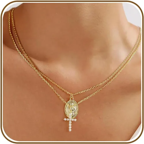 Vista 11 de Collares de cruz de oro AllenCOCO para mujer, collares con crucifijo, delicado collar de la Virgen María, Virgen de Guadalupe, cadena de colgantes