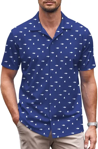 Vista 12 de COOFANDY Camisa casual con botones para hombre, manga corta, sin arrugas, camisa de verano Negro